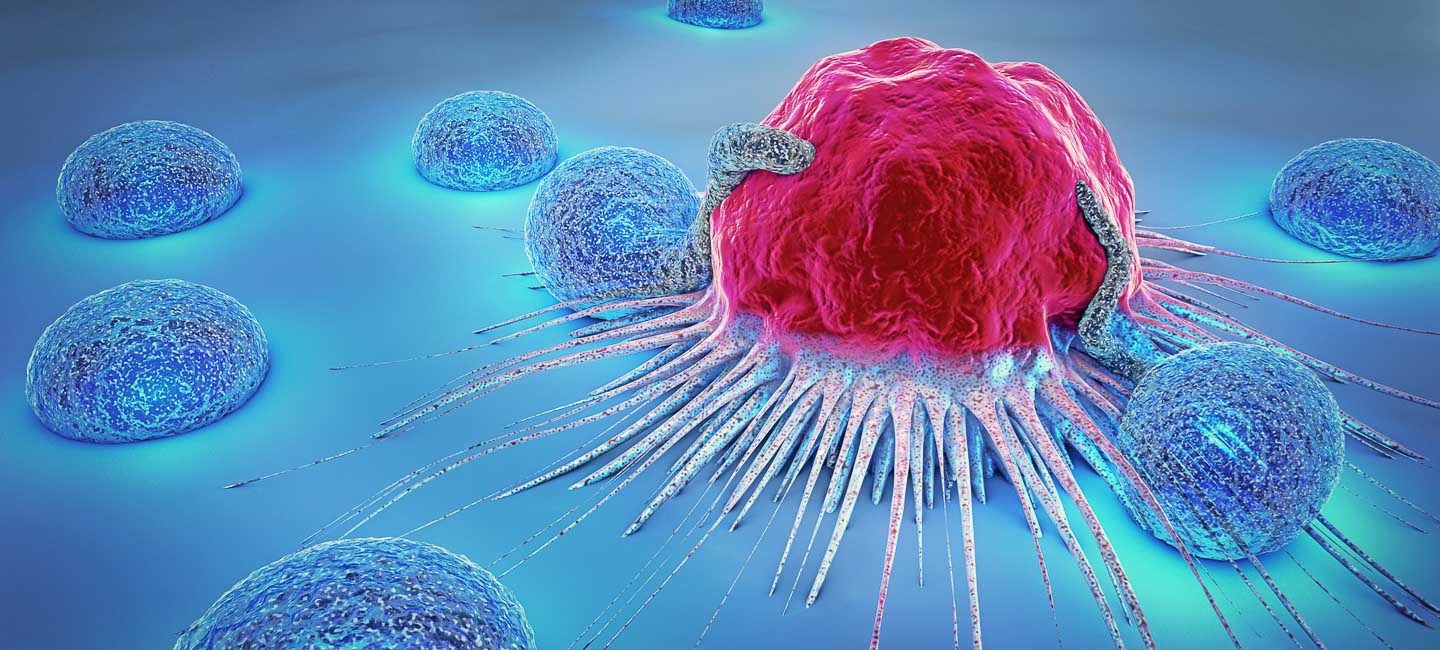 3d illustration of a cancer cell and lymphocytes